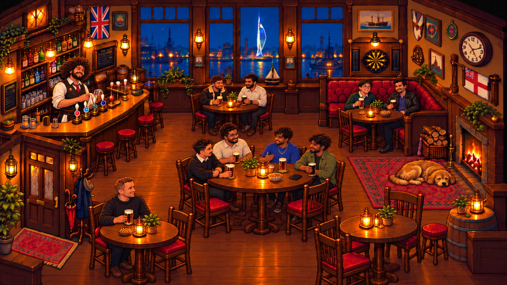 A cosy pixel-art Portsmouth pub at night, with Emir behind the bar, friends at tables, a sleeping dog by the fireplace and Spinnaker Tower through the windows.